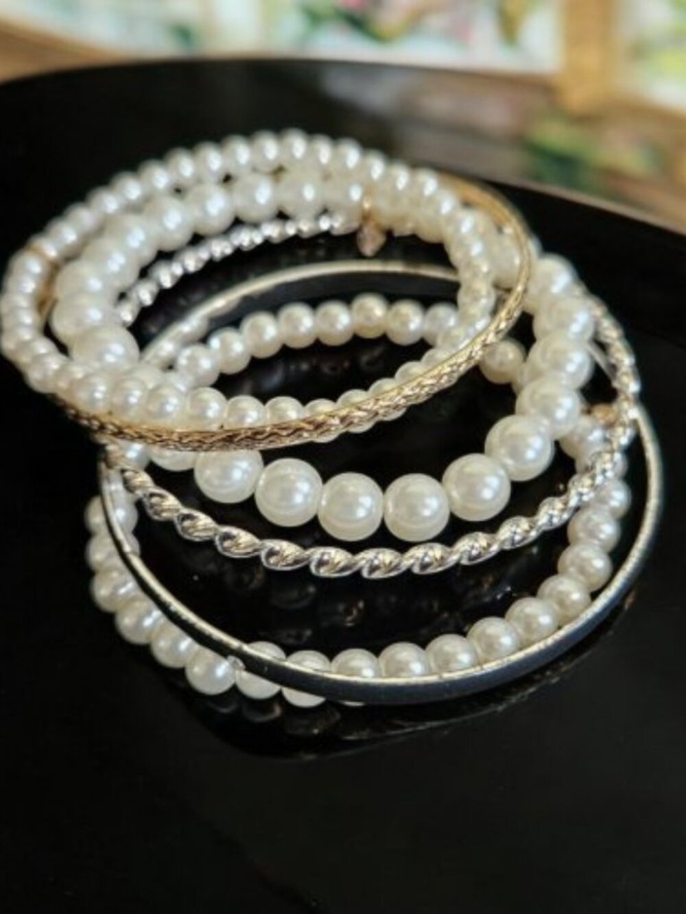 Silver and Goldtone Bangle and Pearl Stretch Bracelet Lot Rhinestone Charms